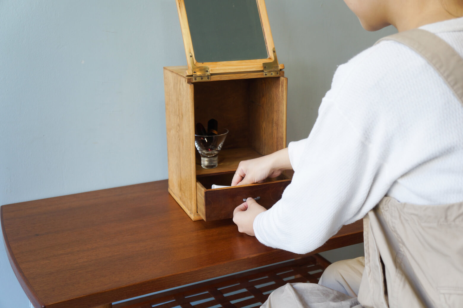 昭和レトロ 箱鏡 鏡台 化粧箱 ミラーボックス/Japanese Retro Wooden 