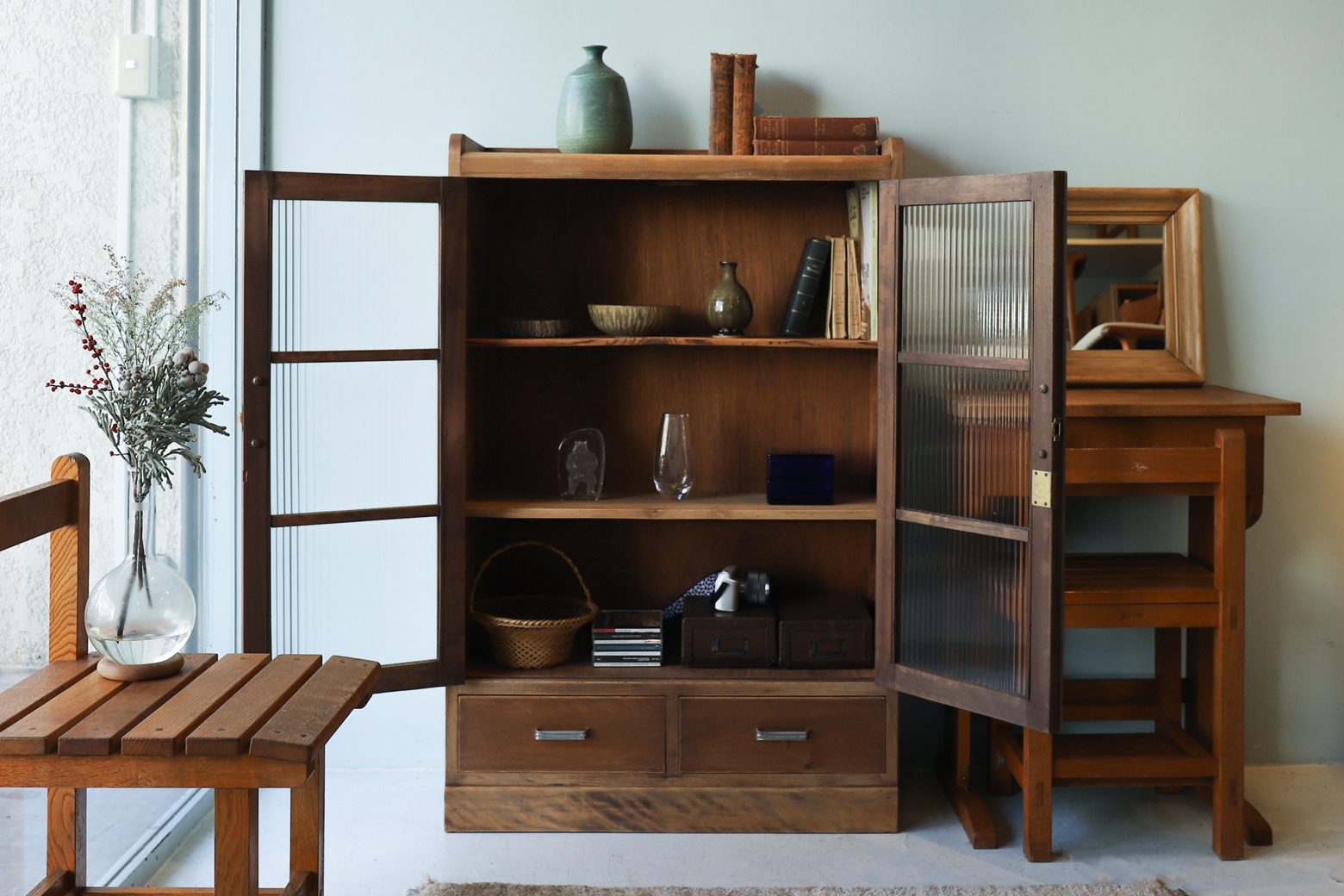 Antique Reeded Glass Cabinet Shelf/モールガラス キャビネット 本棚 食器棚 レトロ アンティーク 古道具