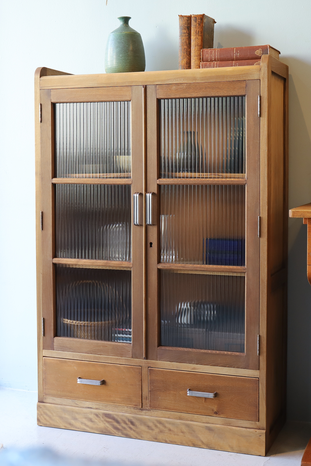 Antique Reeded Glass Cabinet Shelf/モールガラス キャビネット 本棚 食器棚 レトロ アンティーク 古道具