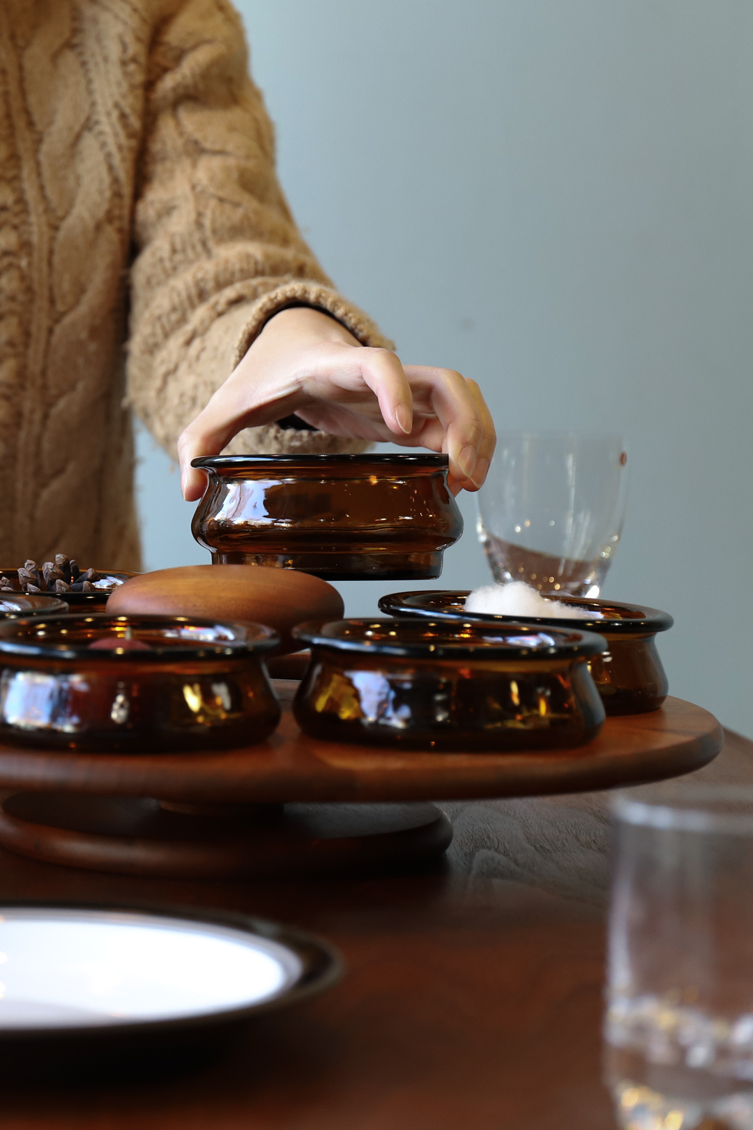 Scandinavian Vintage Lazy Susan Teakwood Tray Glass Bowl/北欧ヴィンテージ レイジースーザン 回転トレイ チーク材 ガラスボウル インテリア雑貨