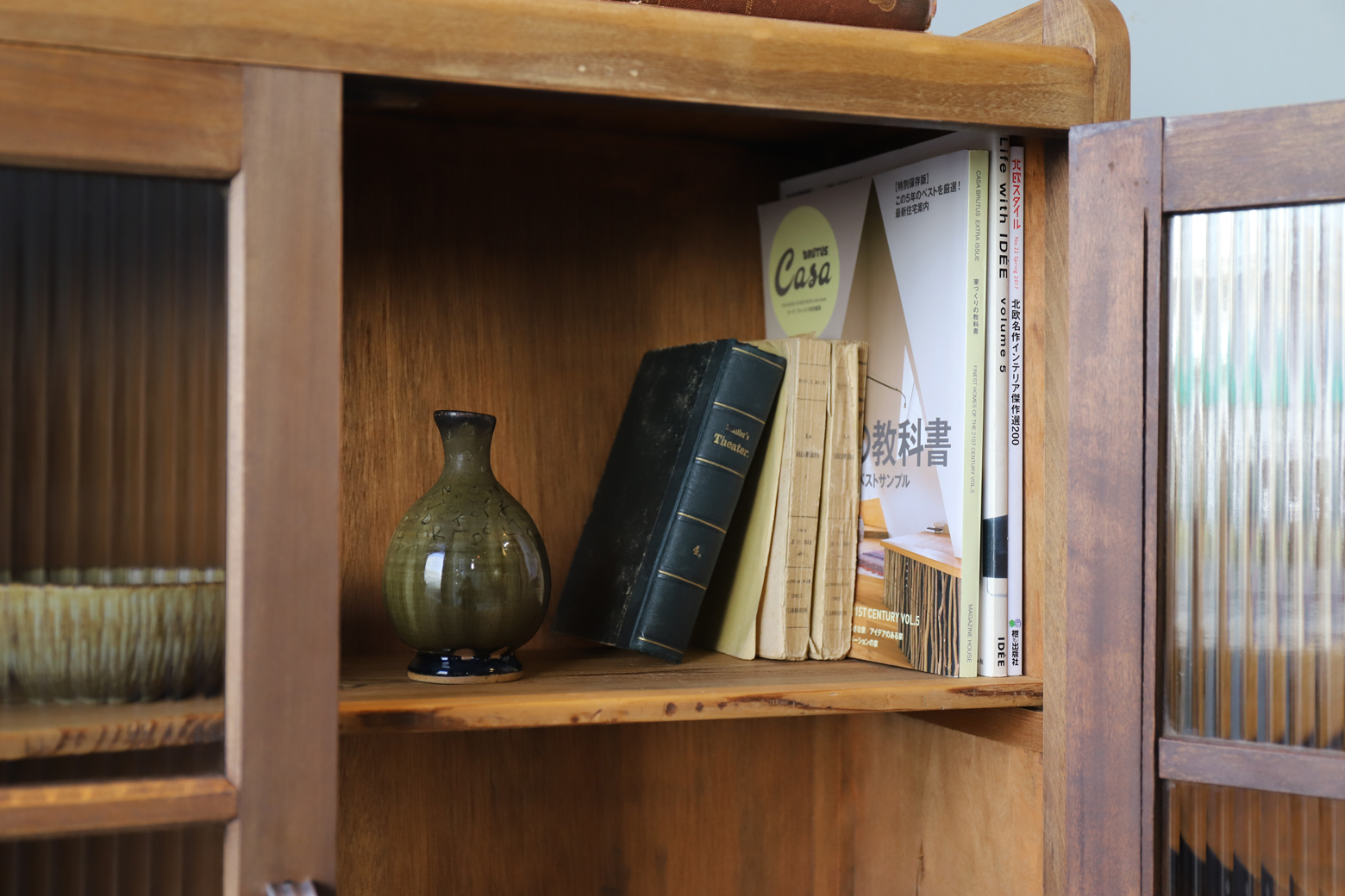 Antique Reeded Glass Cabinet Shelf/モールガラス キャビネット 本棚 食器棚 レトロ アンティーク 古道具