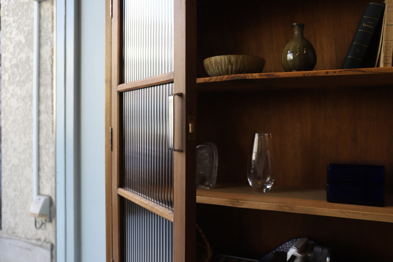 Antique Reeded Glass Cabinet Shelf/モールガラス キャビネット 本棚 食器棚 レトロ アンティーク 古道具