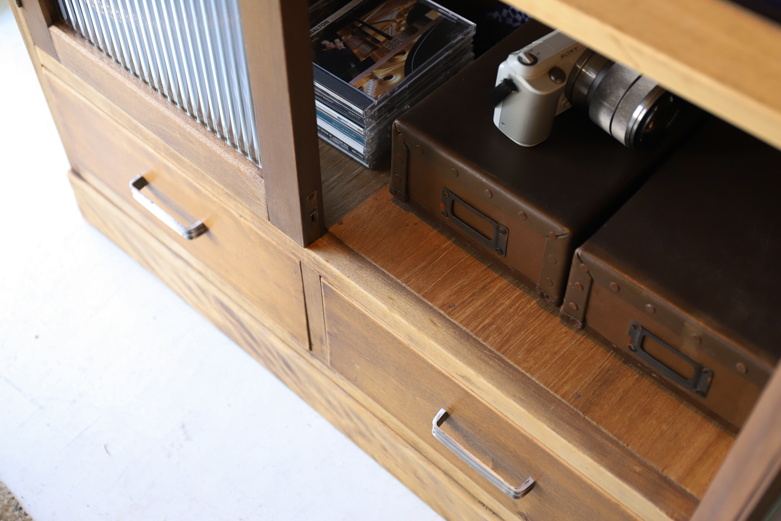 Antique Reeded Glass Cabinet Shelf/モールガラス キャビネット 本棚 食器棚 レトロ アンティーク 古道具