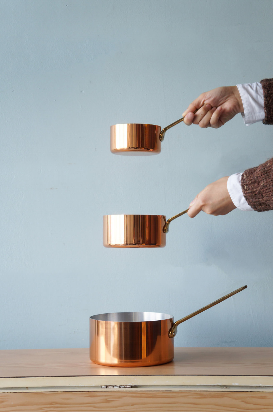 Les Cuivres De Faucogney Copper Pan Set Made In France/フランス製 銅製 片手鍋 セット フライパン キッチン雑貨 レトロ