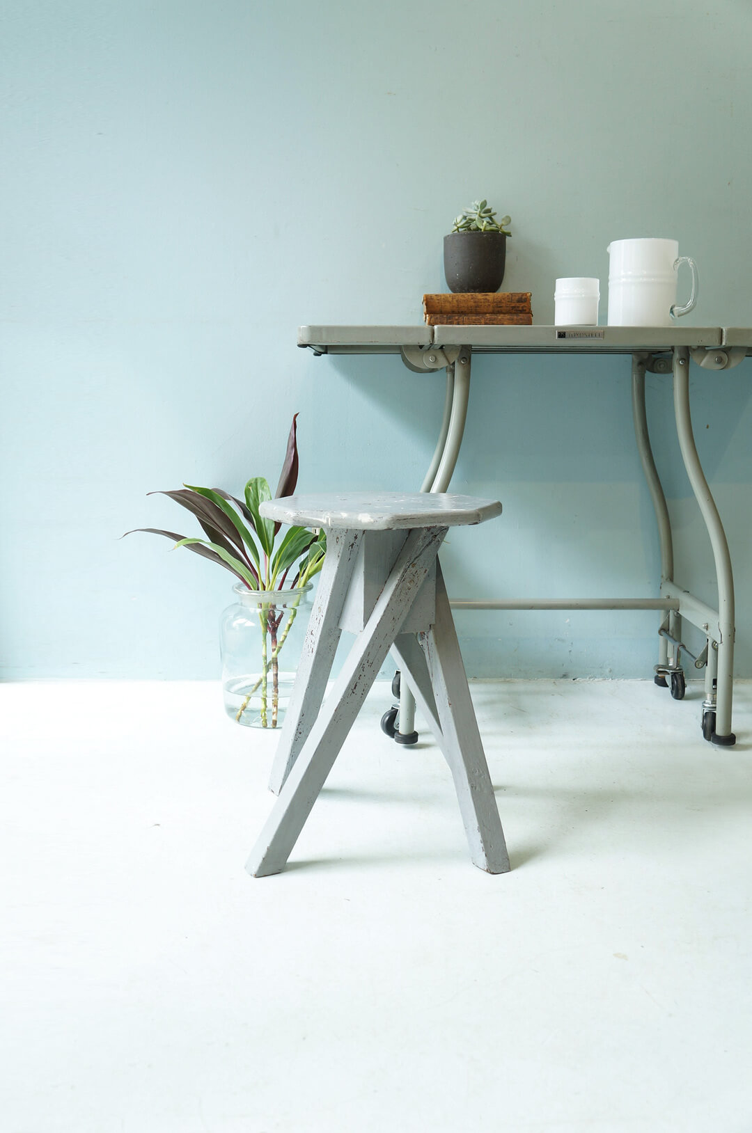 Vintage Octagon Atelier Stool Painted Gray/ヴィンテージ 八角形アトリエスツール 椅子 グレーペイント シャビーシック