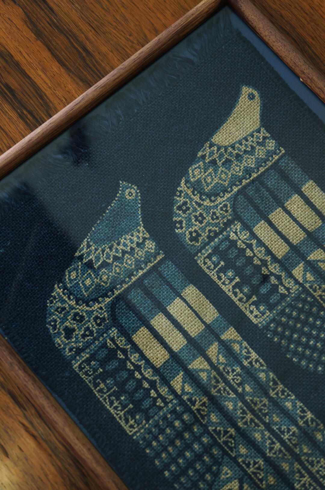 Swedish Vintage Blue Bird Tapestry Frame/スウェーデン ヴィンテージ タペストリー 青い鳥 壁掛け 額 リネン ハンドプリント 北欧雑貨