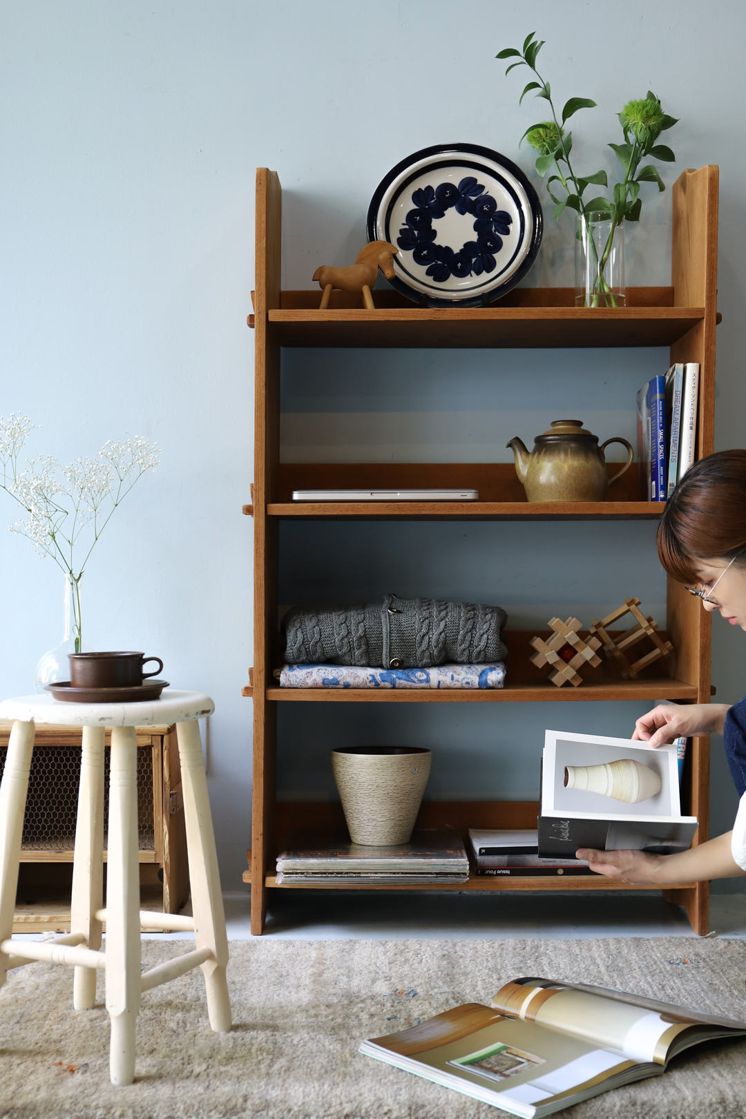 Japanese Vintage Solid wood Bookcase/ジャパンヴィンテージ 本棚 シェルフ オープンラック 欅材 楔式 昭和レトロ ナチュラル