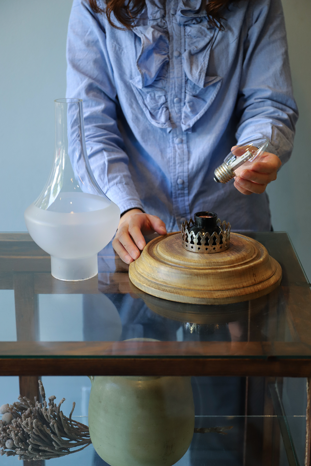 Antique Glass Shade Table Lamp/アンティーク テーブルランプ ガラスシェード 間接照明 シャビーシック ヴィンテージ