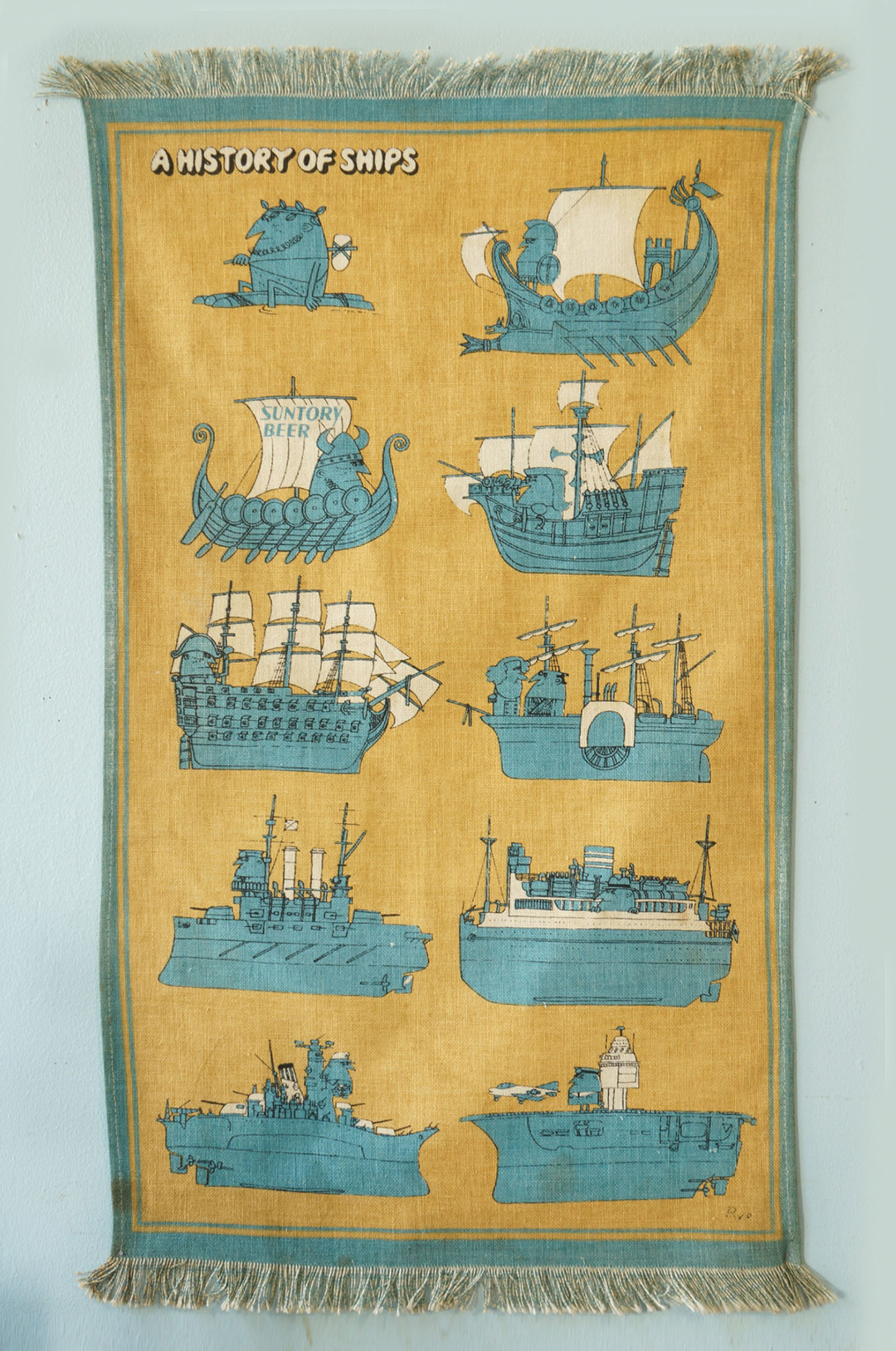 Yanagihara Ryohei Tapestry “A History Of Ships”/柳原良平 タペストリー 船の歴史 サントリー ノベルティ レトロ